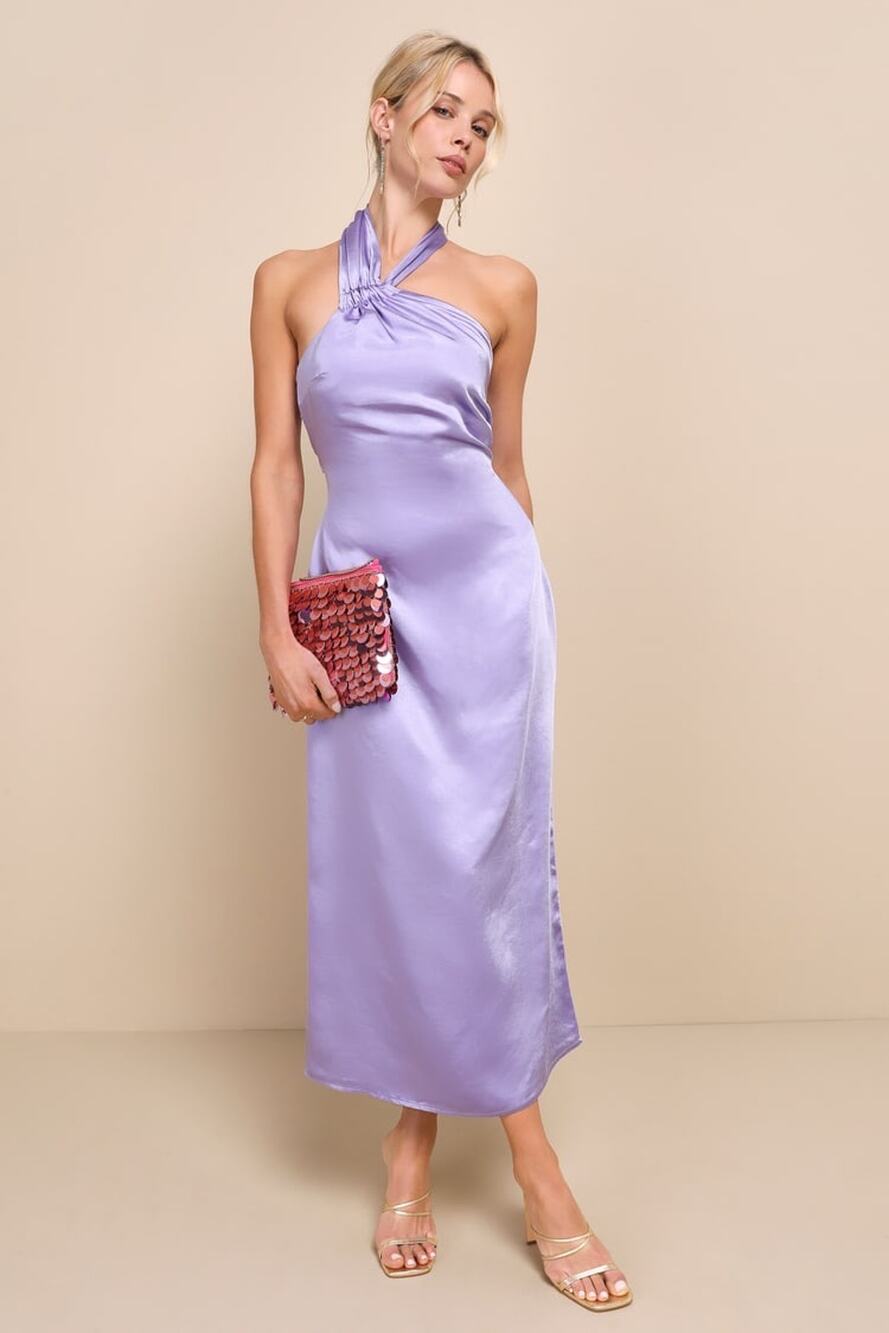 Lulus Perfectly Sleek Lavender Satin Halter Slip Midi Dress Holiday Extra Small